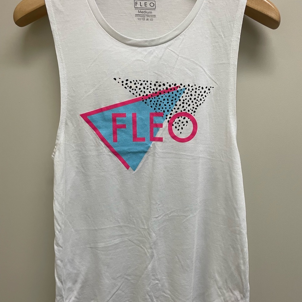 FLEO White Tank Top with Pink and Blue Design